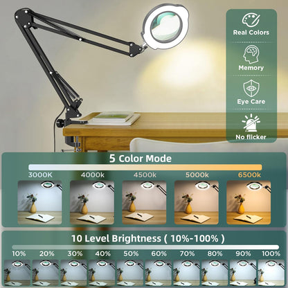 Hands Free Magnifying Glass with Light and Clamp,10X Lighted Magnifying Desk Lamp with 5 Color Modes & 10 Brightness Levels, LED Magnifier with 360° Arm for Reading, Crafts, Soldering, Close Work