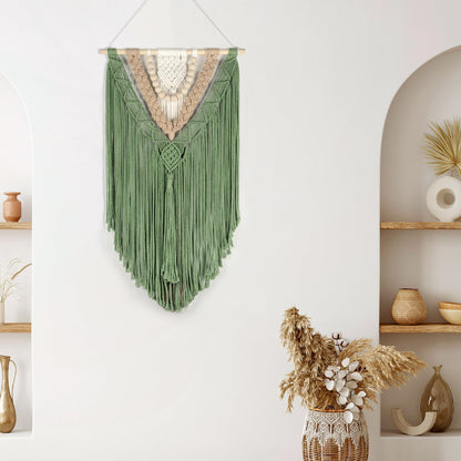 EOBTAIN Green Macrame Wall Hanging Boho Home Decor,Handmade Craft Handwoven Tapestry for Gallery Nursery Living Room,Natural Cotton Cord and Wood Beads Tassel Bohemian Art Decoration,30 Inch