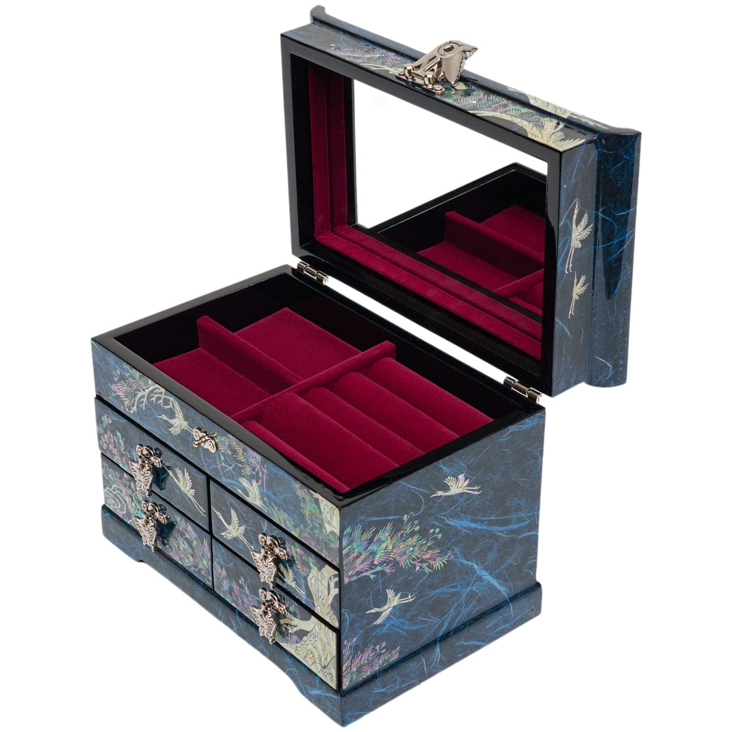 February Mountain Mother of Pearl Wooden Jewelry Organizer Box – Jewelry Storage Box for Women, Features Spacious Drawers, Ideal for Rings, Bracelets, Watches, Chains, Accessories (Crane_Blue)