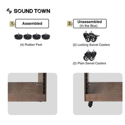 Sound Town 16U DIY Solid Baltic Birch Plywood Slanted Studio Rack with 16U Rack Space, Extra 2U Drawer, Rubber Feet, Casters, Weathered Brown (SDRK-16TBD2)