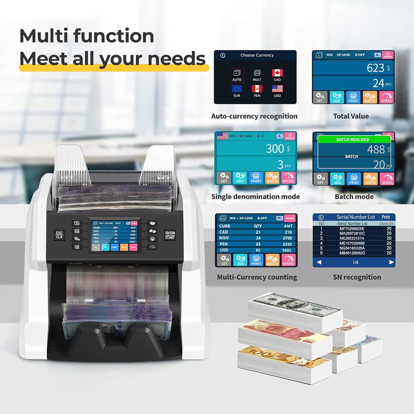 RIBAO BC-55 Premium Bank Grade Money Counter Machine Multi Currency Mixed Denomination Bill Cash Value Counter 2 CIS/UV/MG/MT/IR Serial Number Recording FCC Approved