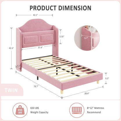 IDEALHOUSE Twin Bed Frames for Kids/Girls, Wingback Velvet Platform Bed with LED Lights for Princess, Upholstered Storage Headboard, Wooden Slats Support, No Box Spring Needed, Pink