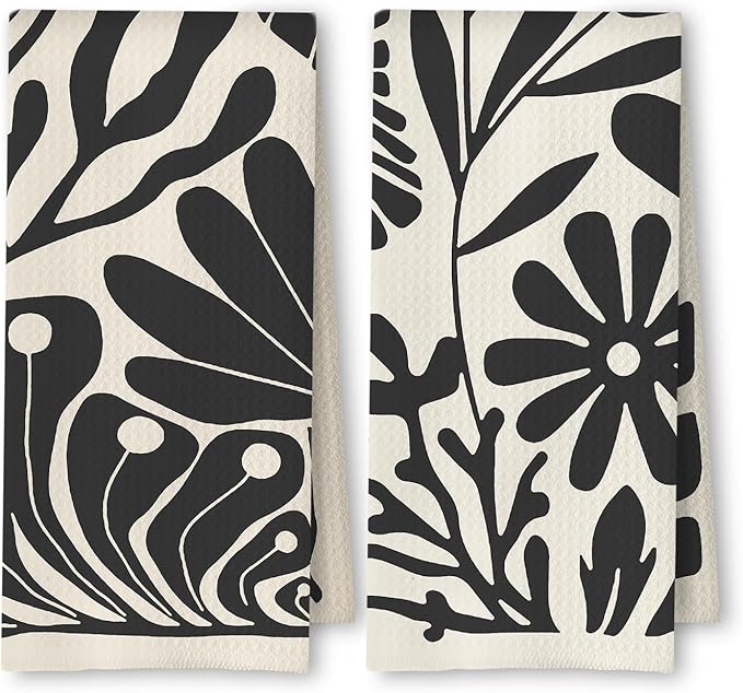 Abstract Boho Neutral Floral Kitchen Towels Set of 2, 70s Retro Groovy Beige