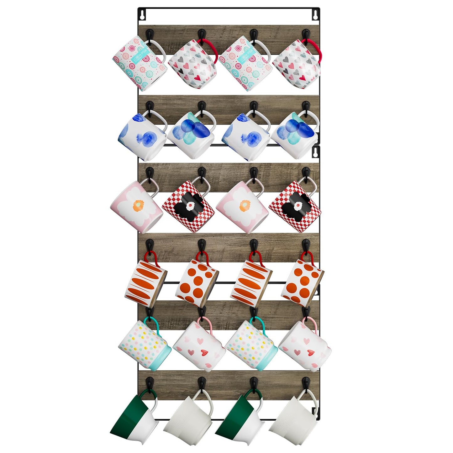 IBUYKE Wall-Mounted Mug Rack Set of 3, 24-Hook Large Coffee Display Organizer for Kitchen, Home, Bar, Coffee Station - Rustic Wood, Greige TBJ005Y-3