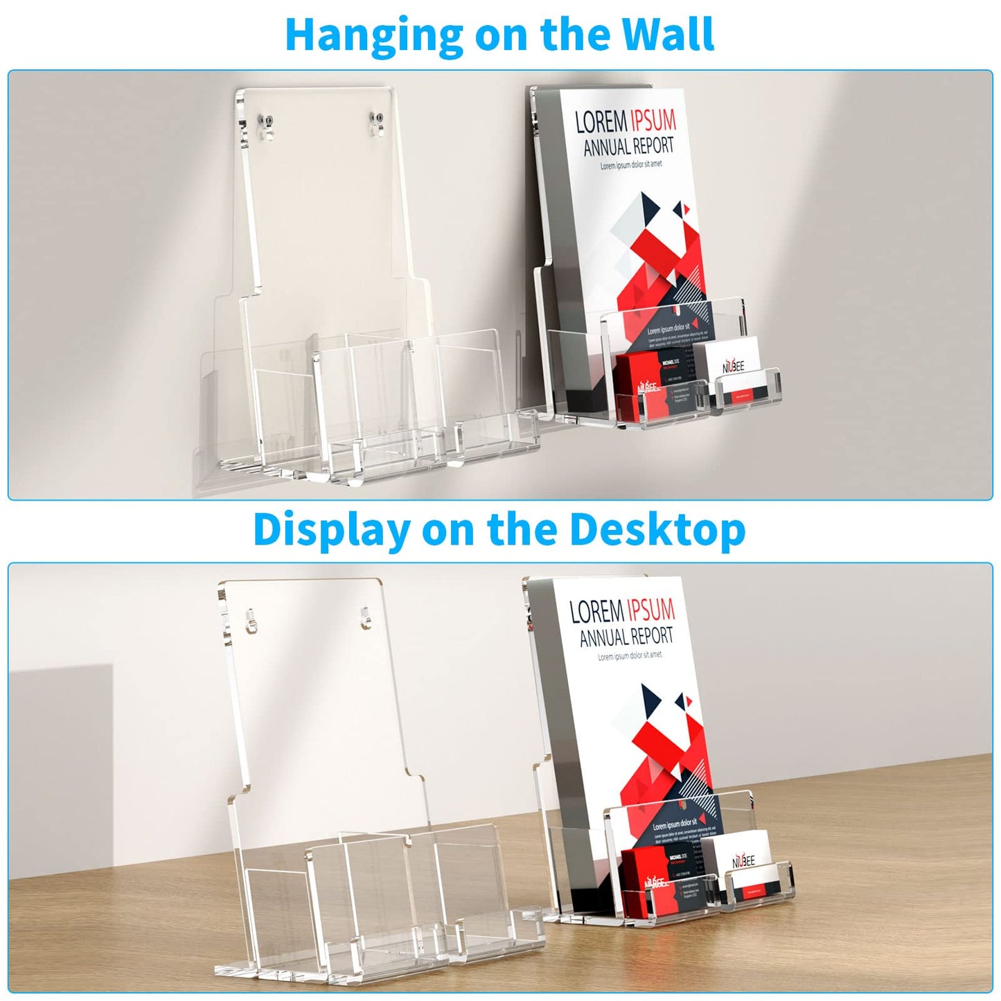 Acrylic Brochure Holder 8.5 x 11 inches , Clear Brochure Display Wall Mount Stand with Acrylic Business Card Holder, Plastic Flyer Display Stand for Magazine, Pamphlet, Booklets, Menu, Journals(2-Packs )