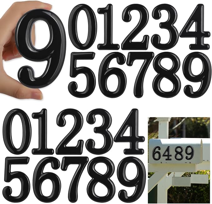 opasyo 20 Pieces Mailbox Numbers for Outside 3.8 inch 0-9 Self-Adhesive Mail Box Numbers,3D Gold House Numbers for Mailbox, Apartment, House, Trash Bins,Office Hotel Room (Black, 3.8inch)