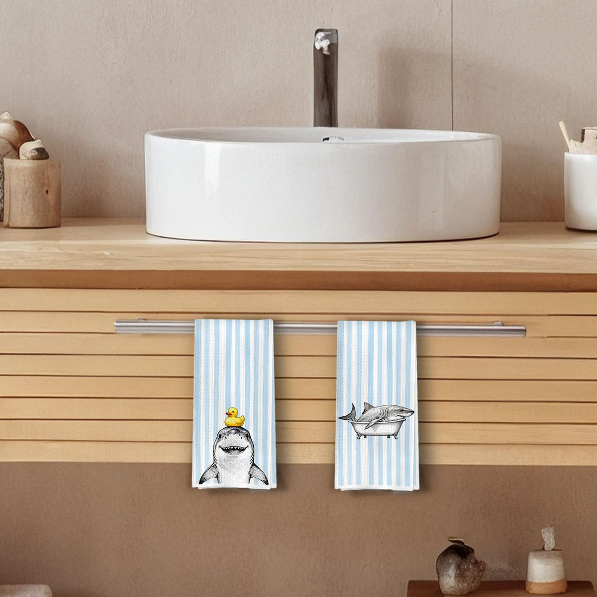 XIVENHAVM Funny Shark Bathroom Decor Set - Wild Animal Decorative Waffle Hand Towels, Shark Gifts Hand Towes for Kid Bathroom Washroom, 16x24 Inch Set of 4