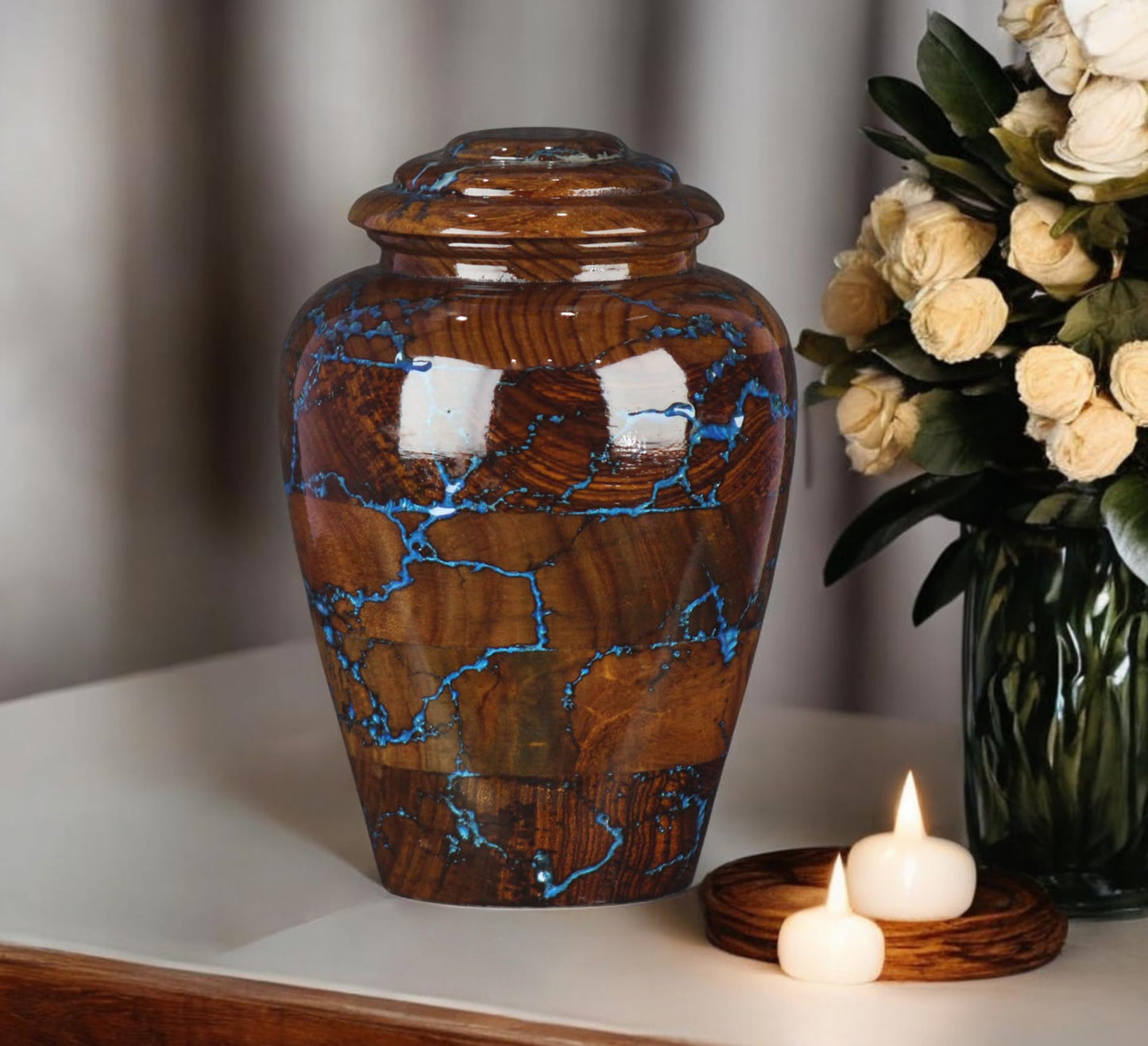 Rosewood Cremation Urns for Human Ashes Adult Male Female, Wooden Urns for Pets Ashes (Large - 200 lbs, Blue Resin)