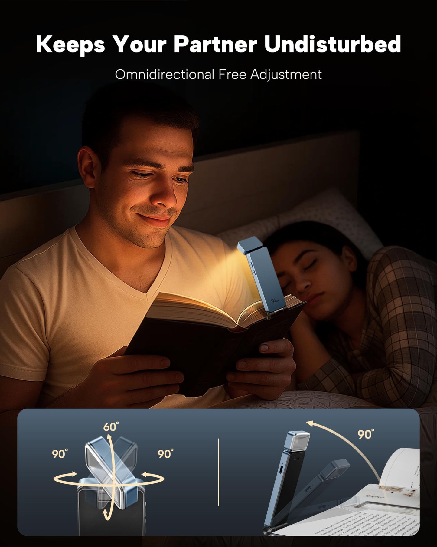 86lux Book Light, Rechargeable Clip-On LED Reading Light for Bed & Night Use - 3 Color Temperatures with Stepless Dimming, Ultralight Bookmark Design for Kids, Book Lovers, Grey