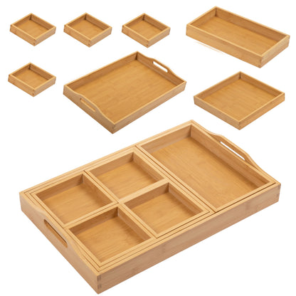 MAPLE MILL - Wooden Tray with Handle - Set of 7 Bamboo Trays for Serving Food - for Breakfast in Bedroom, at Dinner or Coffee Table - Decorative Bamboo Tray