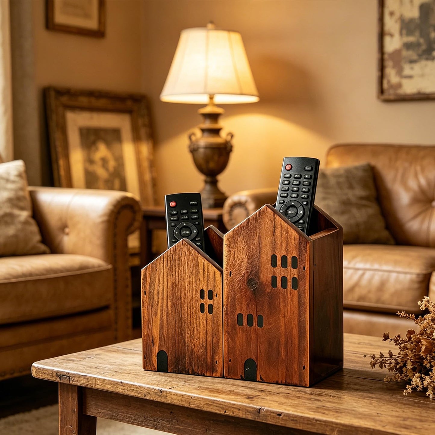 DAWASAPAT Rustic Wooden House Remote Control Holder/Remote Caddy & Desktop Organizer for TV Remotes, Stationery, Pencils, and Glasses set of 2