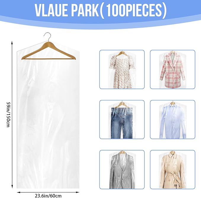 100 Pack Dry Cleaning Bags for Clothes, 60x150 cm Dry Cleaner Bags Plastic Clear