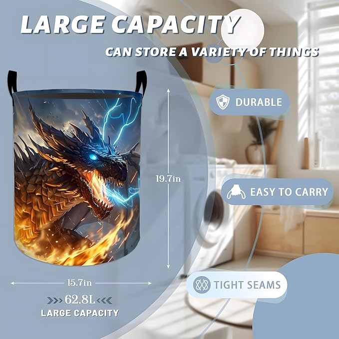 Fiery Dragon Breathing Flames and Lightning Laundry Basket