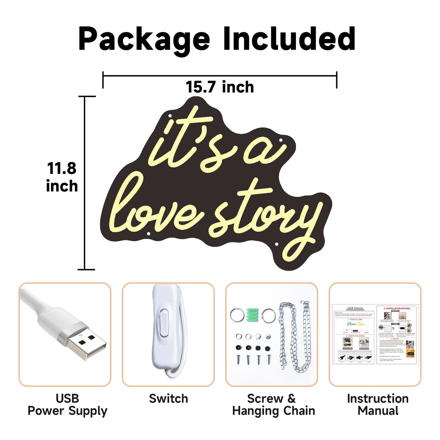 Its a Love Story Neon Sign, Warm White USB Led Light Up Signs for Bedroom Aesthetic Birthday Wedding Party Gift Boyfriend Girlfriend Lover Women Men Room Bathroom Decoration Gift, 15.7 x 11.8 Inch