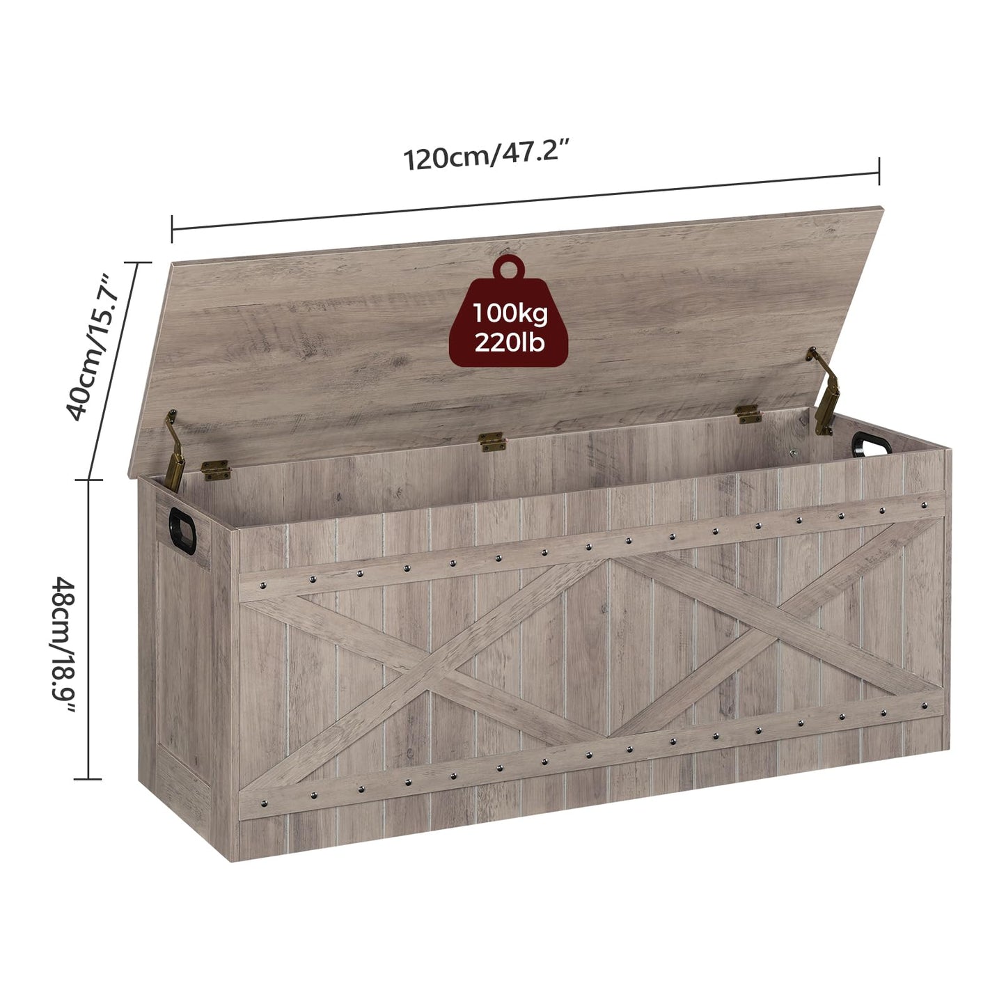 MAHANCRIS 47.2" Storage Chest, Extra Large Toy Box with 2 Safety Hinges, Wooden Toy Chest, Storage Bench with Rivets, Storage Trunk for Bedroom, Living Room, Entryway, Greige SCGY18501
