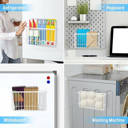 NiHome Magnetic Metal Basket Organizers, 2PCS Medium & Small, Versatile Storage for Kitchen & Office Holds Up to 14 lbs, Easy Attach to Refrigerator or Any Magnetic Surface(White)