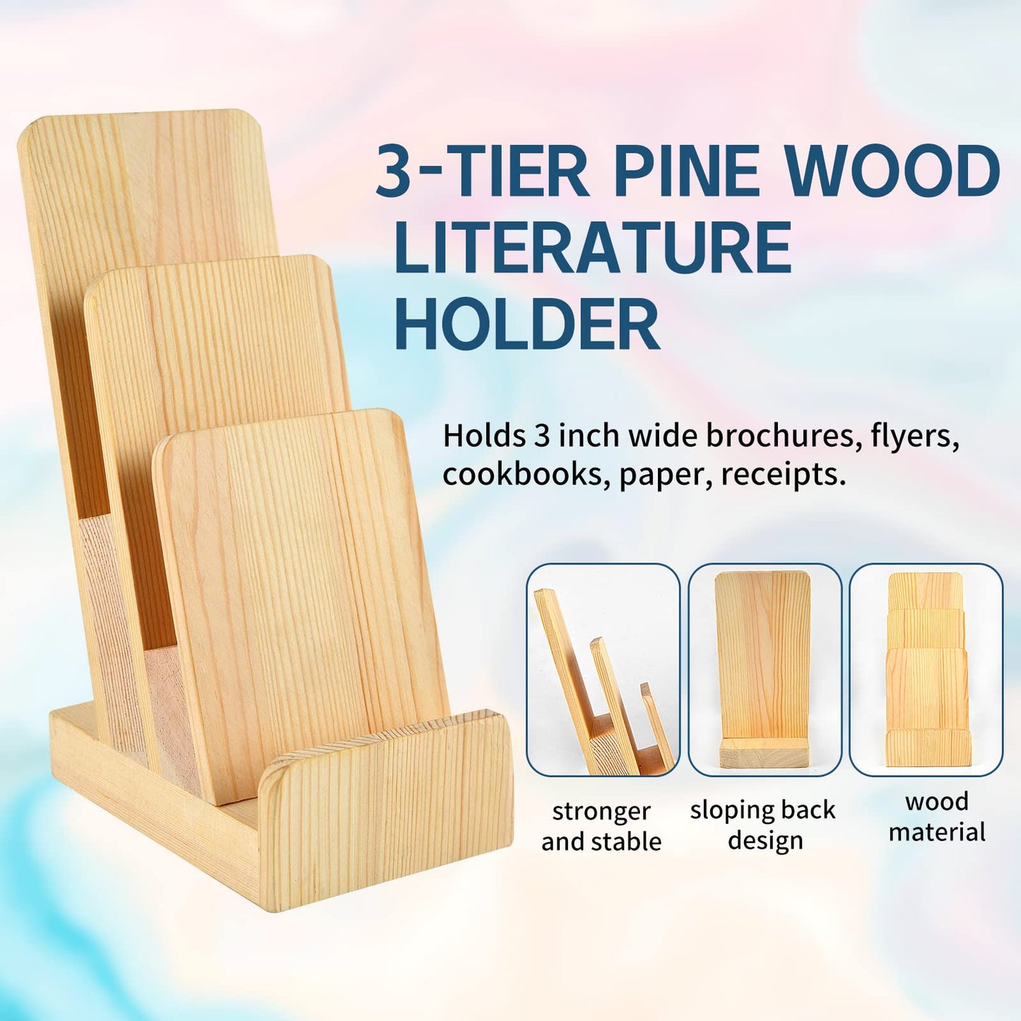 DOSTATNI 3-Tier Pine Wood Literature Holder pamphlet display stand Trifold Brochure Organizer Flyer Holder Postcard Display and Countertop Wooden Display Stand for Magazine Pamphlet Booklets Menu
