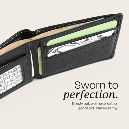 Swear Brands Full-Grain Leather Wallet | Slim RFID Blocking Bifold Design with Cash Pocket & Card Pull Strap | Holds 1-12 Cards | Stylish & Durable (Black)