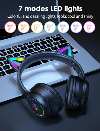 ONITOON Cat Ear Bluetooth Headphones for Kids & Adults, 55H Play Time, Wireless Foldable & Wired Multi-Function LED Light Up Over Ear Headphones with Mic and Volume Control for iPhone/iPad/Laptop/PC