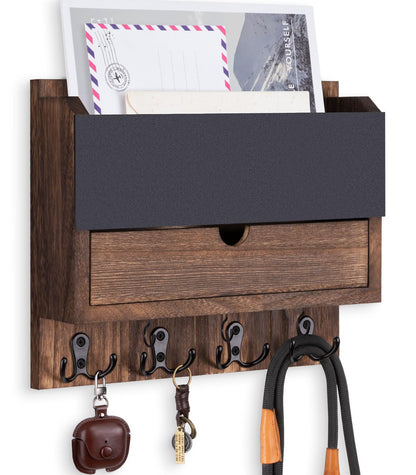 Lucundm Mail and Key Holder Wall Mount with Storage Drawer – Modern Wooden Mail Organizer for Wall Entryway, 7 Key Hooks & Chalkboard Panel – Stylish Home Decor for Apartments, Living Room, Office
