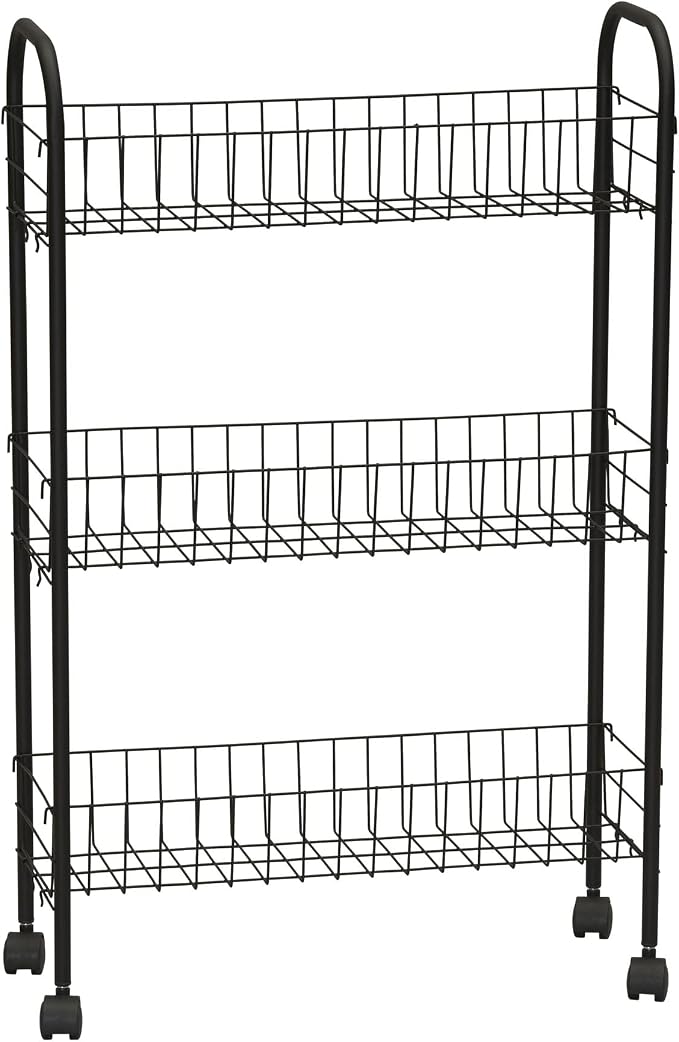 Household Essentials Matte Black Slim, 3 Shelf Storage Cart with Wheels
