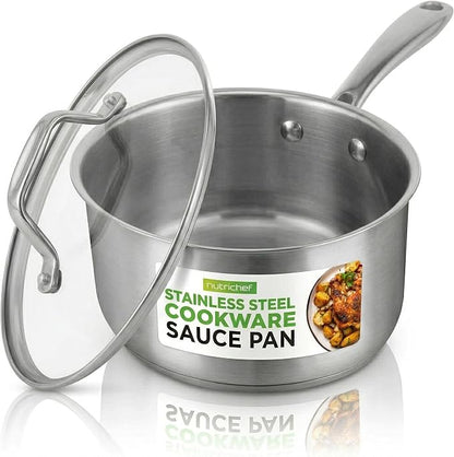 NutriChef 2 Quart Stainless Steel Saucepan with Lid - Heavy Duty Pot with Ergonomic Handles, For All Cooktops