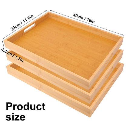 Geytetqi 3 Pack Large Bamboo Serving Tray with Handles - 16 x 11.6 Inch Wooden Dinner Tray, Home Kitchen Decorative Tray, Breakfast Trays for Eating on Couch, Lap Trays, Coffee, Kitchen, Picnic