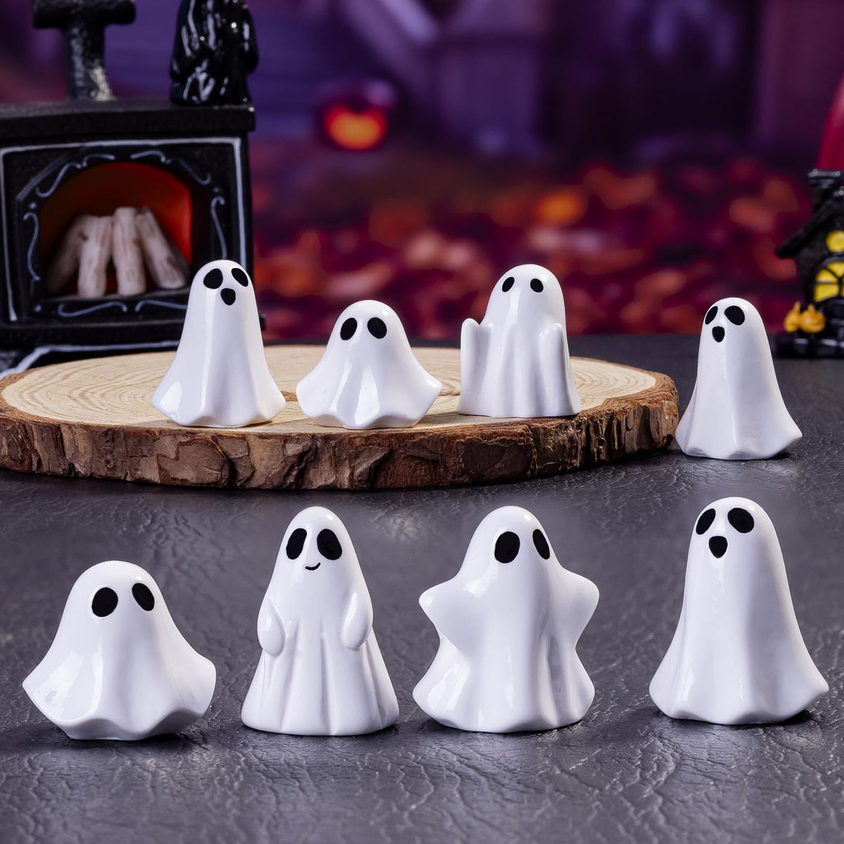 dsooldre 50Pcs Mini Resin Ghost Figurines,Cute Halloween Decorations,Tiny Ghosts for Vase Filler,Tiered Tray,Table Centerpiece & Party Favors (Miniature Home Decor) (50Pc Resin Ghost)