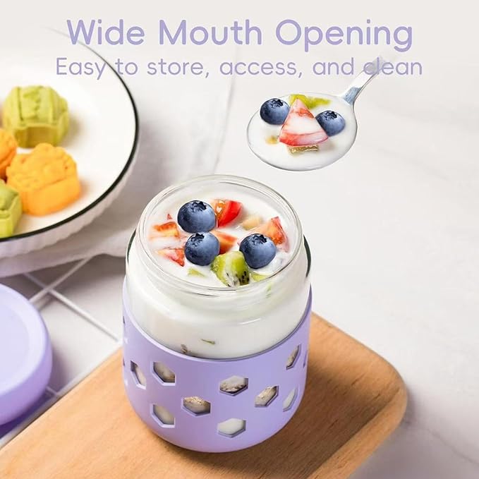 Overnight Oats Container 16 oz - 6 Pack with Silicone Sleeves for Glass Soup Containers with Lids - BPA Free, Leak Proof, Dishwasher Safe - Wide Mouth Jars for Yogurt, Meal Prep, Drinking & Storage