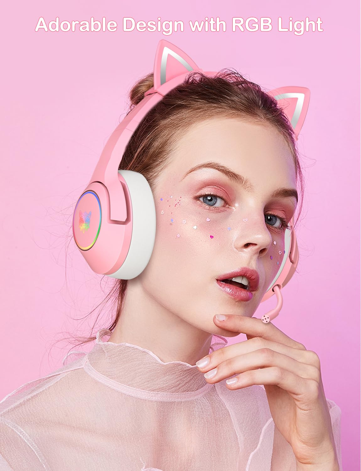 PHNIXGAM Cat Ear Gaming Cute Headset, Wired Over-Ear Headphones with Retractable Microphone, Surround Sound, LED Backlight for PS4, PS5, PC, Mobile Phone (Light Pink)