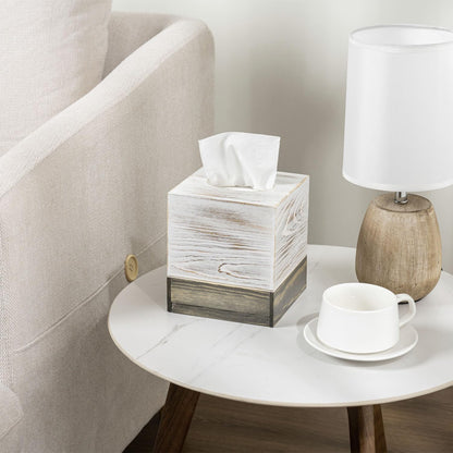 MyGift Coastal Chic Square Tissue Box Cover, Two-Tone Whitewashed Solid Wood Facial Tissue Box Dispenser Cover with Vintage Graywashed Base and Easy Slide-Out Bottom Panel, 5.5 x 5.5 x 6.3 Inches
