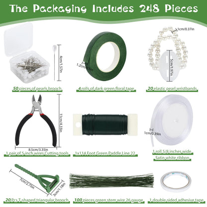 Floral Wire Arrangement Tool,DIY Bouquet Making Supplies with 5 Floral Tapes 20 Pearl Corsage Wrist Bands 20 Triangular Brooches,50 Boutonniere Pins,100 Flower Wire for Corsages Bouquet Accessories