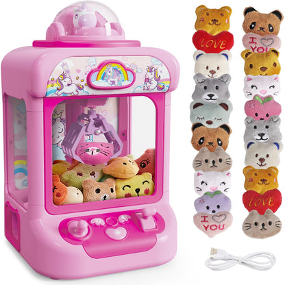 Marlrin Claw Machine for Kids, Mini Vending Machine Girls Unicorn Toys, Candy Grabber Prize Dispenser with Sound & 20 Mini Plush Toys, Electronic Arcade Game Indoor Toy for Home Party Birthday Gifts
