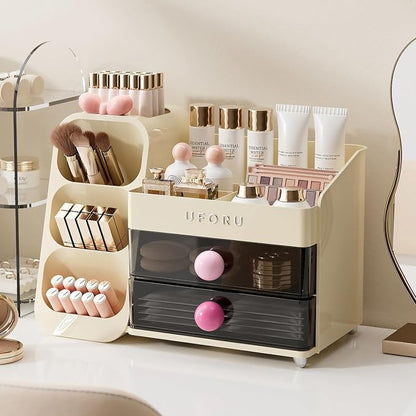 UFORU Makeup Organizer for Vanity with Brush Holder, Large Capacity Bathroom Countertop Skincare Organizer with 2 Drawers, Cosmetic Display Case for Perfumes, Eyeshadow Palettes, Nail Polishes