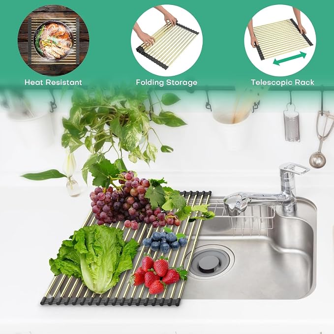 Expandable Roll Up Dish Drying Rack, Adjustable Large Over The Sink Rack Draining Rack (Max Extends to 21.25”) for Stainless Steel Sink Rack, Collapsible Rolling Up Rack 18 Tube for Kitchen, Gold