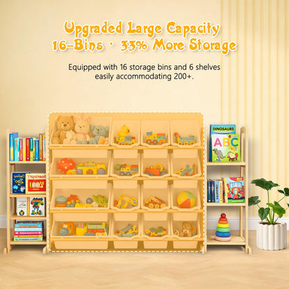 Etitlly Kids Toy Storage Organizer with Bookshelf – Wooden Shelf with 16 Bins & 6 Shelves, Quick Assembly Storage Rack for Playroom, Bedroom, Nursery - White