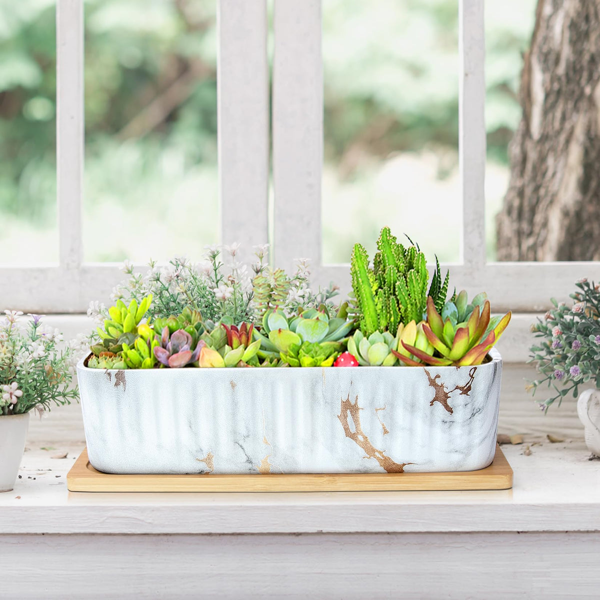 Rectangular Planter, 12 Inch Large Succulent Pots with Drainage Tray, Shallow Window Sill Planter for Indoor Cactus Flower Plants Ceramic Marble Window Box Planter Decorative Bonsai Plant Container