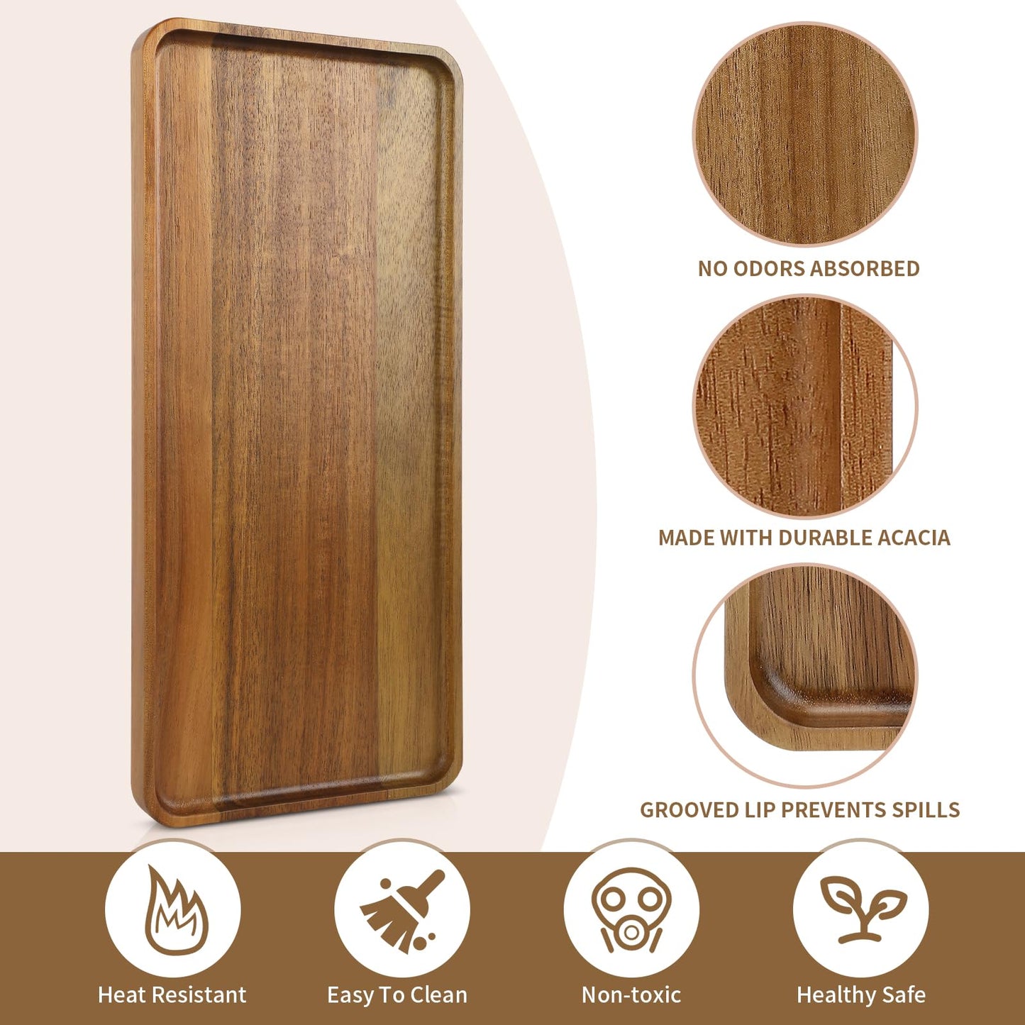 Charmlife 1 pcs 15.7" x 7" Large Solid Acacia Wood Serving Tray Rectangular Wooden Serving Platter Natural Wooden Board for Bar Coffee Party