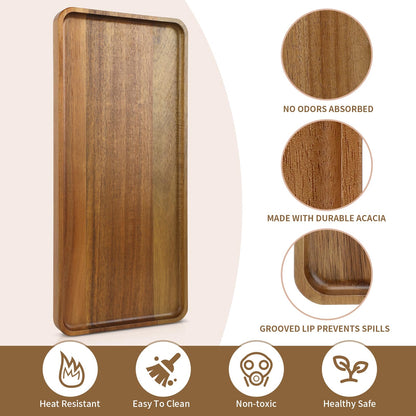 Charmlife 1 pcs 15.7" x 7" Large Solid Acacia Wood Serving Tray Rectangular Wooden Serving Platter Natural Wooden Board for Bar Coffee Party
