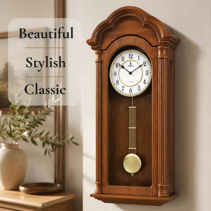 Grandfather Wall Clock with Pendulum — Large Hanging Wooden Battery Operated Non-Chiming Clock 26 x 12 inch - Quiet, Solid Wood Clock for Living Room, Entryway & Home Décor