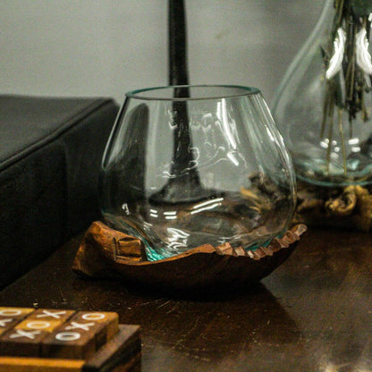 Blown Molten Glass and Carved Wood Hands Decorative Bowl, Vase, and Terrarium, 5 Inches High