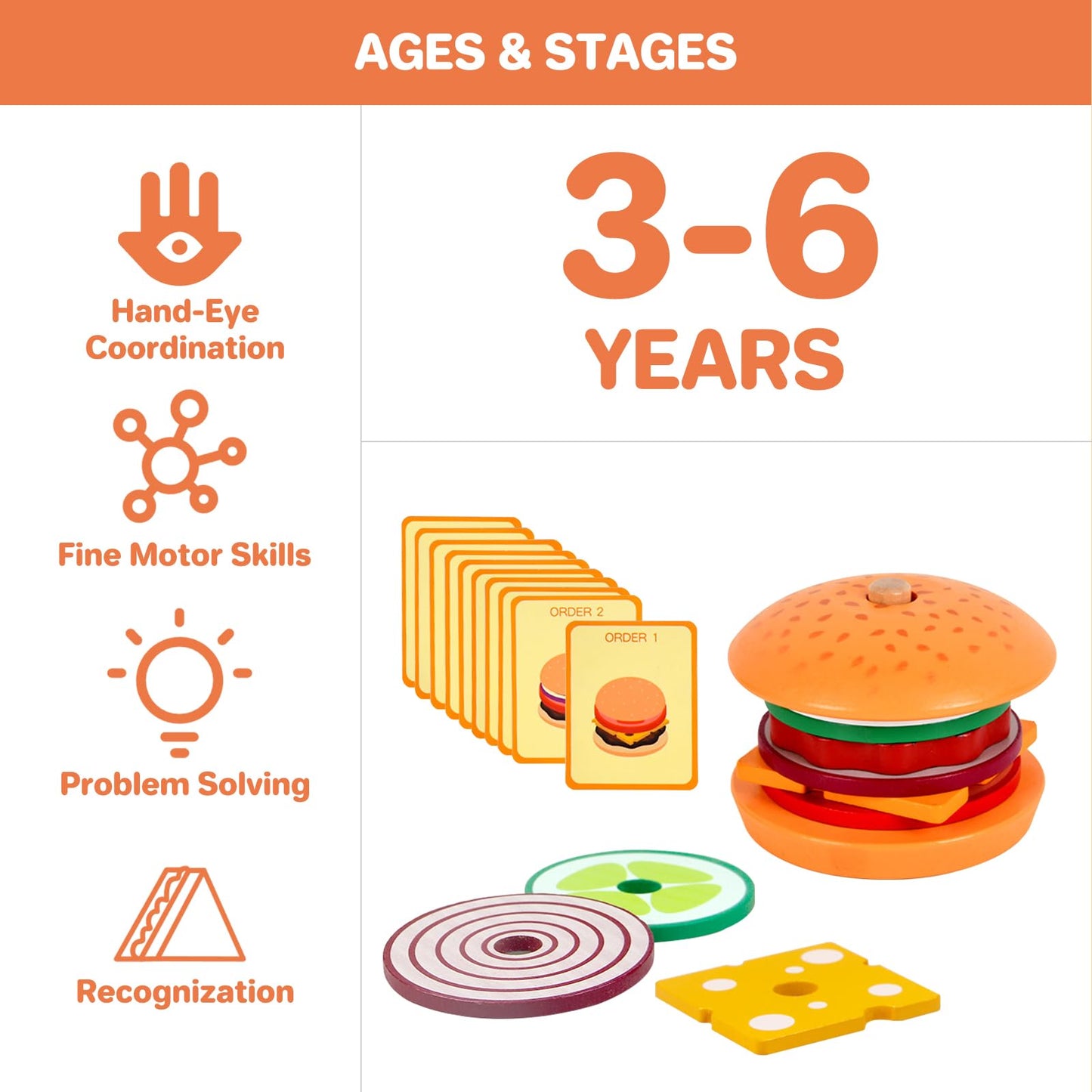 Montessori Toys for 2, 3 Year Old, Wooden Burger Sandwich Stacking Toys for Toddler Educational Toys Fine Motor Skills Foods Preschool Learning Blocks Gifts Boys Girls