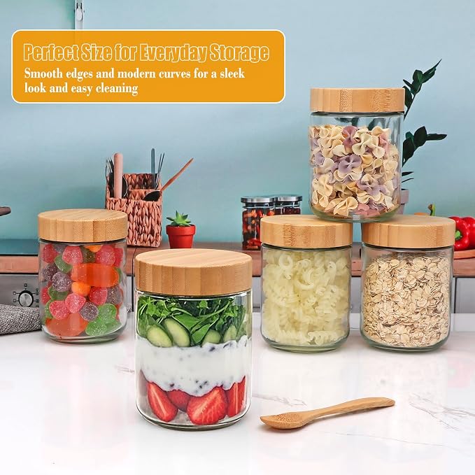 16oz Glass Jars with Lids, Overnight Oats Containers with Bamboo Lids, Wide Mouth Glass Mason Jar Food Storage Containers for Salad,Yogurt,Meal Prep,6 Pack