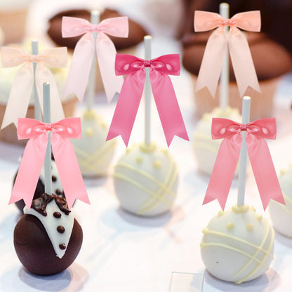 Canlierr 48 Pcs Pastel Tie Bows Satin Ribbon Bows with Twist Tie Craft for Wedding Wall Backdrop Decorations Birthday Wrapping Party Decor (5 x 7 Inch,Pink)