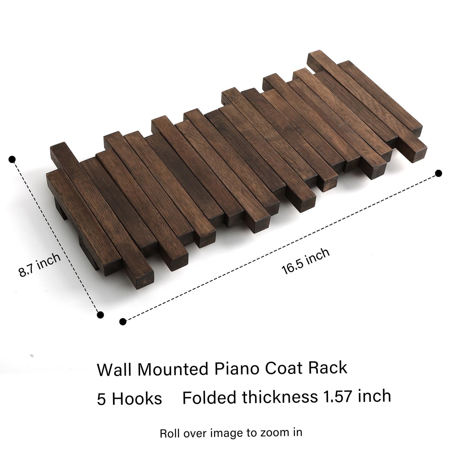 GOGREEBELL Natural Wood Wall Mounted Piano Coat Rack| Coat Rack Wall Mount| Flip Down Wall Hook Rack 5 Hooks| Entryway Coat Rack,Made of Acacia Wood (Walnut Color Dyed with Wood Wax Oil).Wall Art
