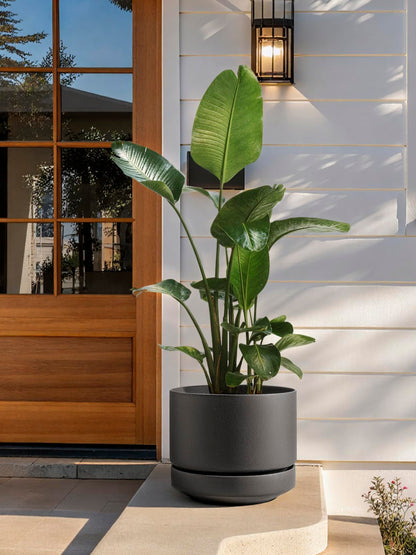 LE TAUCI 14 Inch Large Plant Pot with Saucer, Ceramic Outdoor & Indoor Big Planter with Drainage Hole, Mesh Pad Included, Unglazed Porous, Modern for Home and Patio, Charcoal Gray