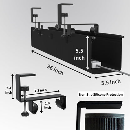 Nyoria Under Desk Cable Management Tray, 36” Fabric No Drill Clamp Mount Cord Organizer for Desk, Heavy Duty Wire Management for Office Home, Black