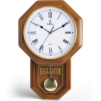 Pendulum Wall Clock Battery Operated - Real Wood Regulator Clock - Schoolhouse Design with Pendulum - Quiet, Non-Chiming - Wooden Wall Decor for Living Room Decor, Home, Office and Gift 18x11