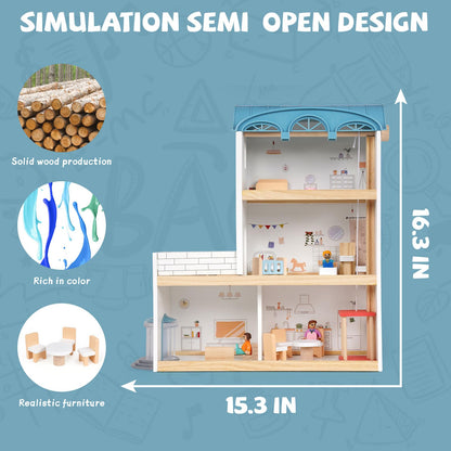 Wooden Dollhouse for Kids, 3-Story Wood Doll House Playset with Furniture, Accessories & 3 Toy Figures, DIY Pretend Play House for Toddlers, Girls & Boys, Miniature Dollhouse with Balcony Gift