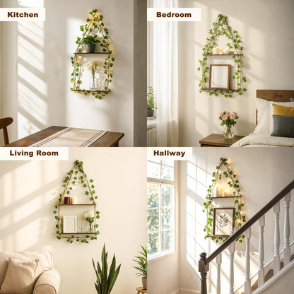 Artilady Artificial Ivy Macrame Hanging Shelves 3 Tier with Lights Boho Wall Decor, Rustic Wood Flaoting Shelf Plant Storage Rack for Bedroom Bathroom Living Room Nursery
